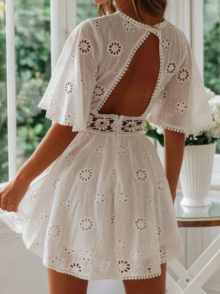 Miniature : Women's White Hollow Out Backless Mini Dress, Cotton Party Dress, Floral Embroi