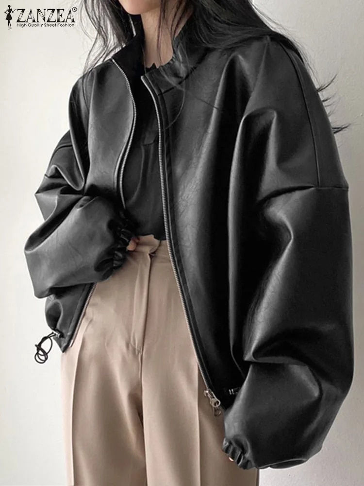 Imej kecil: ZANZEA Casual Loose Solid Outwear Women PU Leather Jackets Korean Drop Shoulder