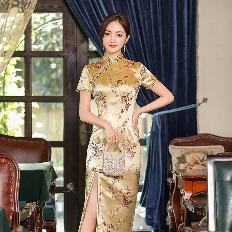 Miniature : Elegant New Brocade Satin Long Fork Cheongsam Chinese Classic Women's Qipao Sho