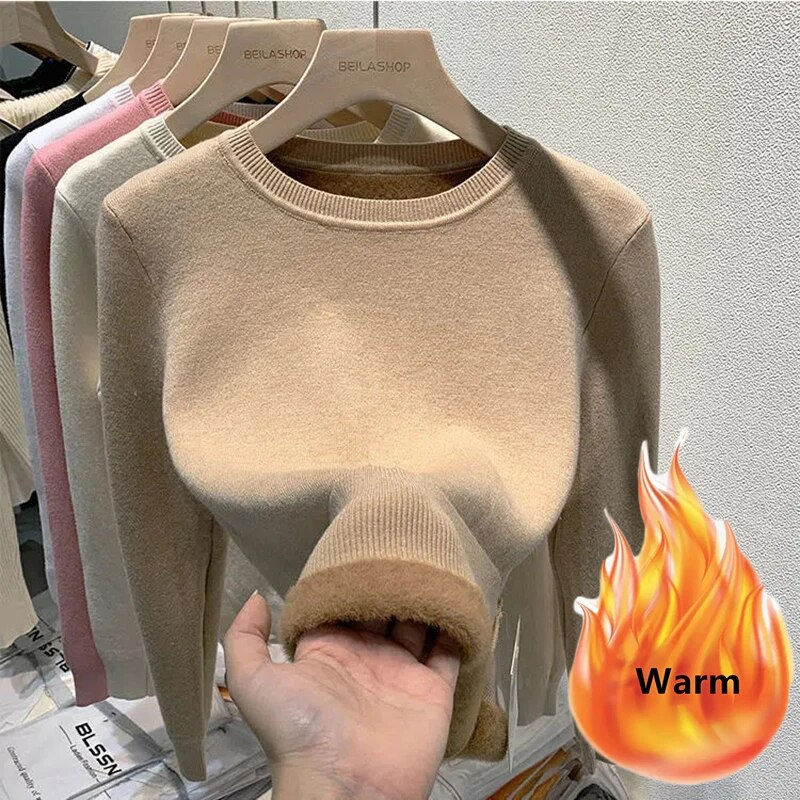 Thumbnail: Women's O-neck Plus Velvet Thicken Sweaters Winter Slim Warm Long Sleeve Knitte