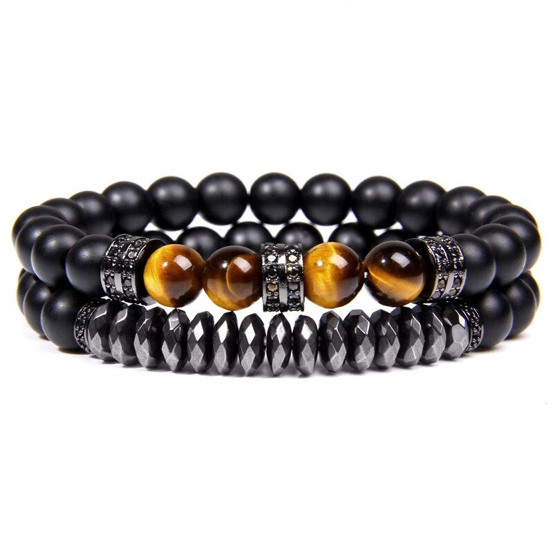 Thumbnail: GolbalJew 2pcs Bead Bracelet Men Natural Tiger Eye Hematite Obsidian Beaded Bra