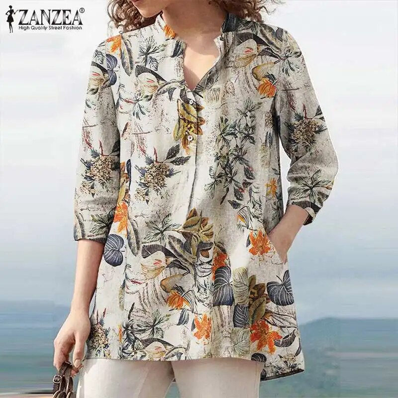 Miniatura: Floral  Printed Blouse Oversized Women Casual V Neck 3/4 Sleeve Shirt ZANZEA Re