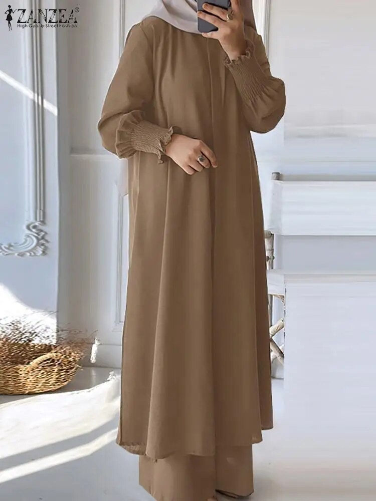 Thumbnail: 2024 ZANZEA Muslim Sets Women Vintage Long Shirt & Wide Leg Trousers Suit Eid M