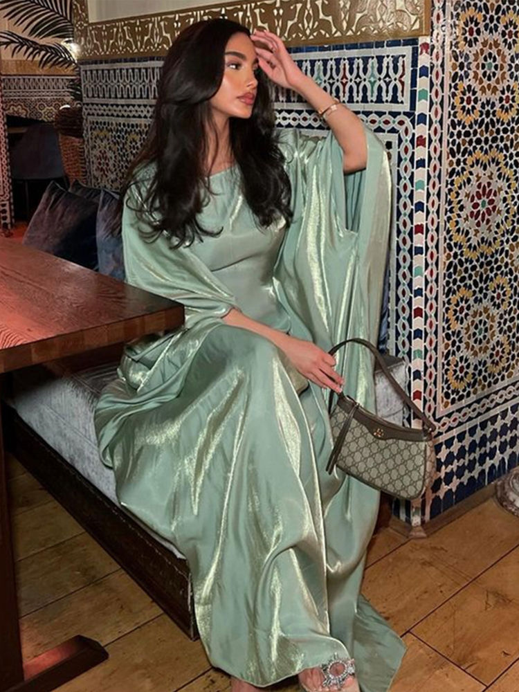 Miniaturebillede: Fashion Glossy Gauze Muslim Kimono Abaya O-neck Maxi Robe Women 2024 Spring Sum