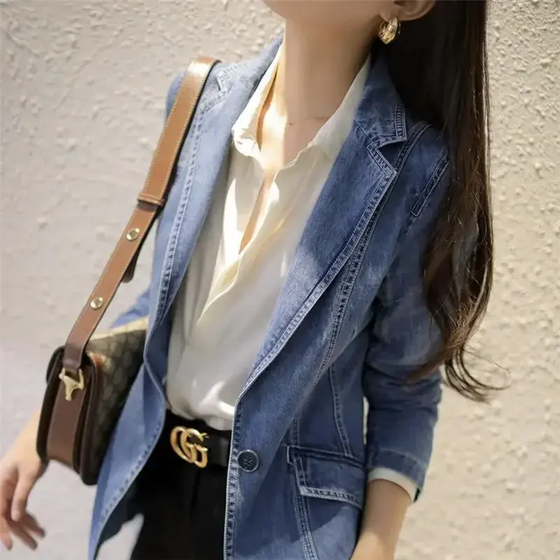 Thumbnail: Vintage Suit Women Jeans Jacket Casual Tops Loose Short Denim Blazer Outwear Fe