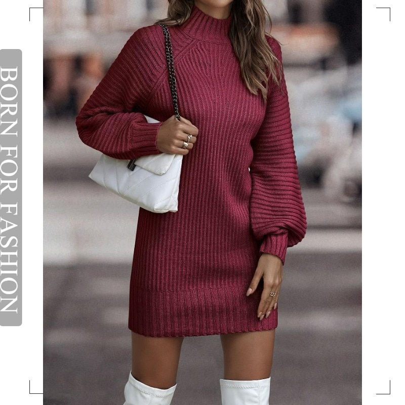 Miniatyrbilde: Vintage Winter Knitted Dress Ladies Chic Turtleneck Lantern Long Sleeve Mini Sw