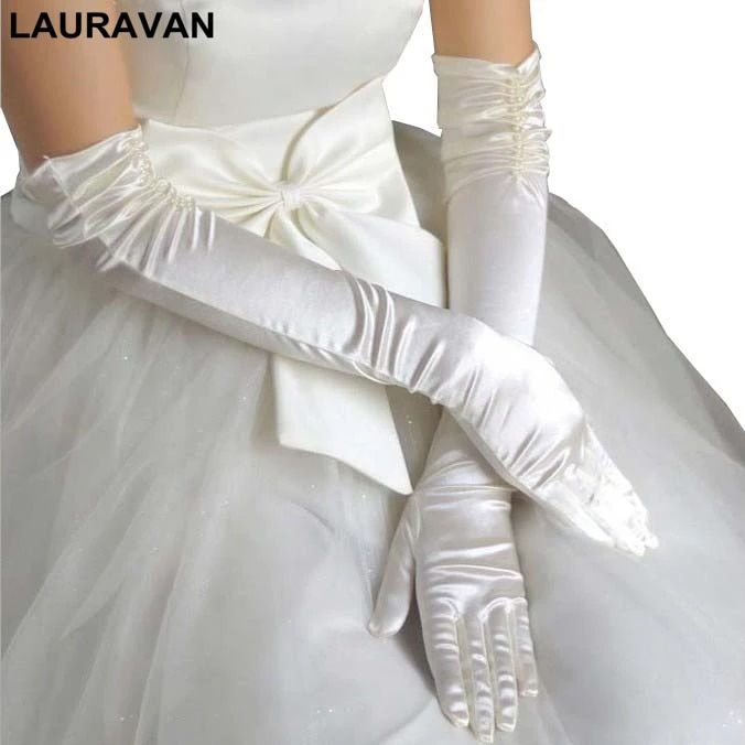 Thumbnail: 1 Pair Bride Bridal Wedding Gloves Red Black White Ivory Long Beaded Satin Eleg
