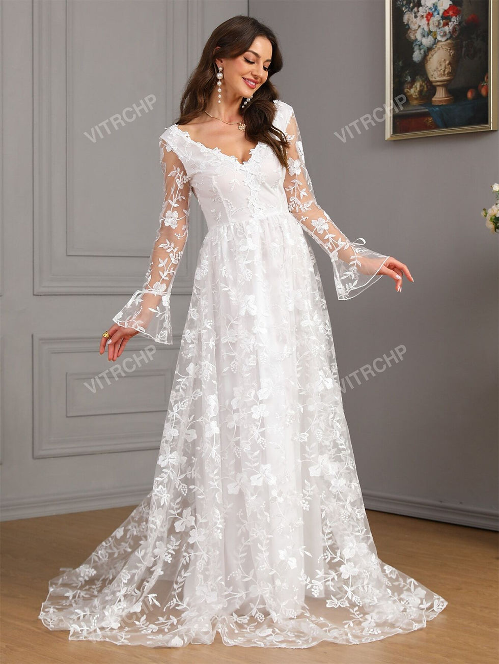Thumbnail: V Neck Floral Embroidery Mesh Overlay Maxi Wedding Dress