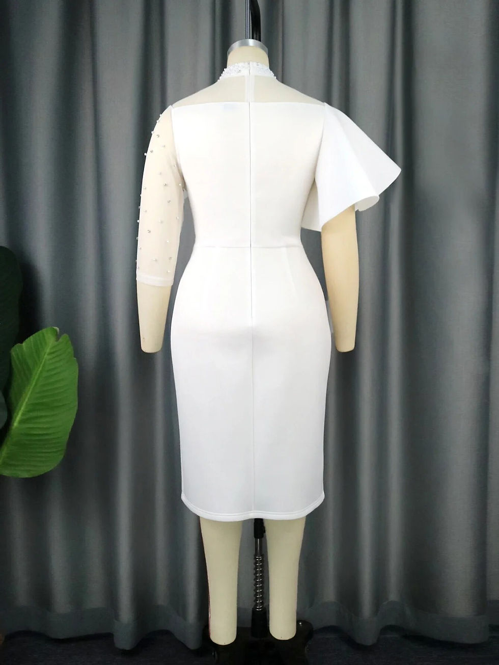 Thumbnail: Women White Party Dress Bodycon Cocktail Mesh Beading Irregular Sleeves Ruffles