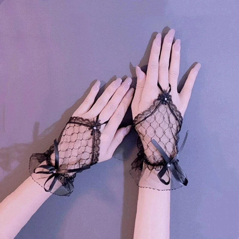 Miniatura: Elegan Lace Short Bridal Gloves Inlaid Rhinestone Bowknot Slim Bridal Fingerles