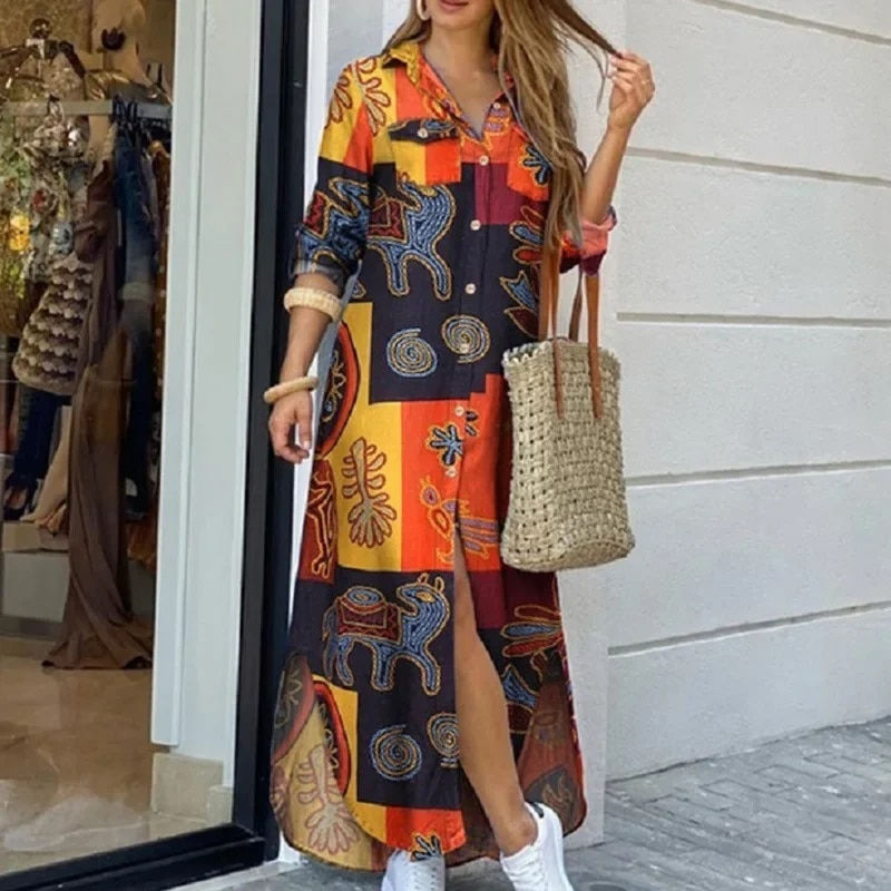 Miniatura: Women Long Sleeve Shirt Dress Spring Autumn Casual Boho Printed Dresses Fashion