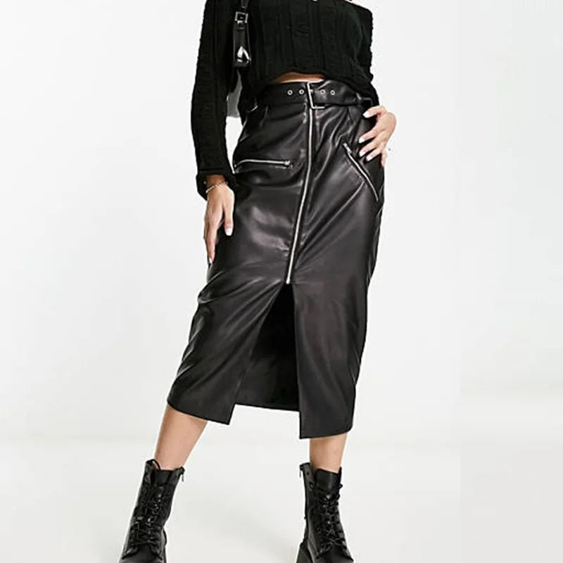 Thumbnail: Women's PU Leather Midi A-line Skirt Elegant Front Split Zipper Long High Waist