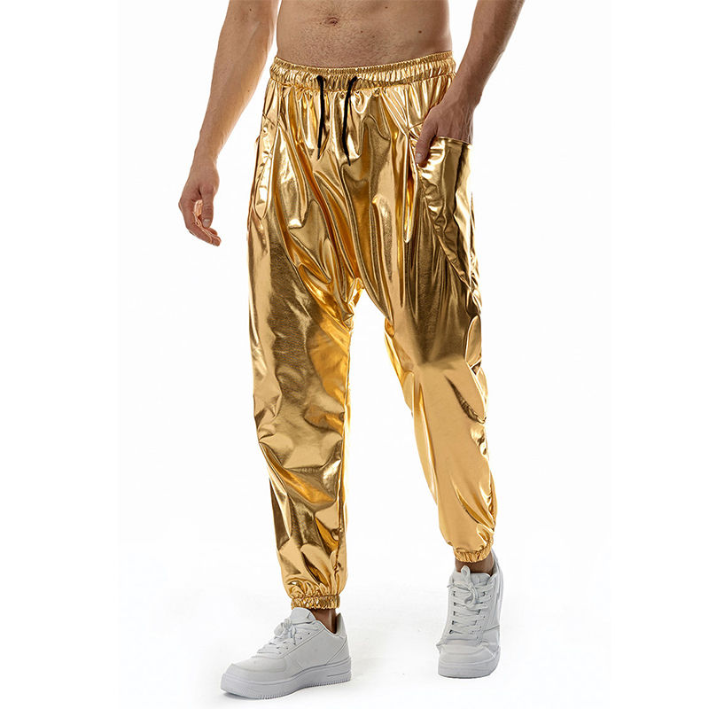 Imej kecil: Men's Metal Shiny Jogging Pants Night Club Disco Party Elastic Pants Gold Silver