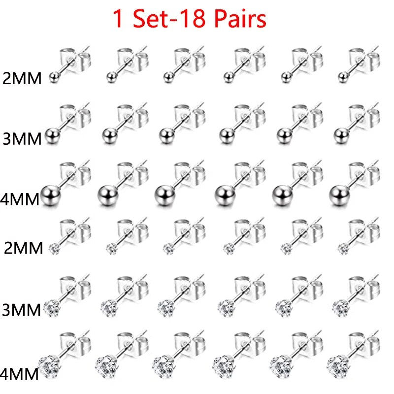 Thumbnail: 1 Pair/18 Pairs Hypoallergenic Small Stud Earrings Women Men Stainless Steel Ba