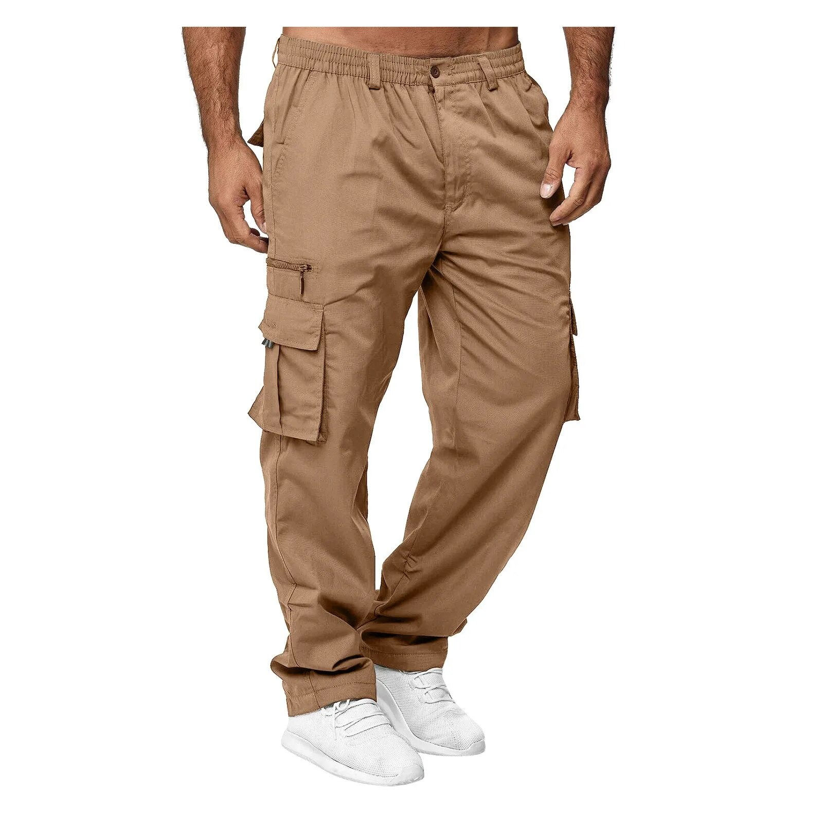 New men's casual multi pocket workwear pants, outdoor loose straight leg long p