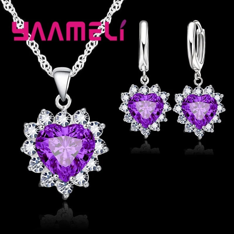 Miniatura: Trendy 925 Sterling Silver Jewelry Set for Women Heart CZ Stone Charm Pendants 