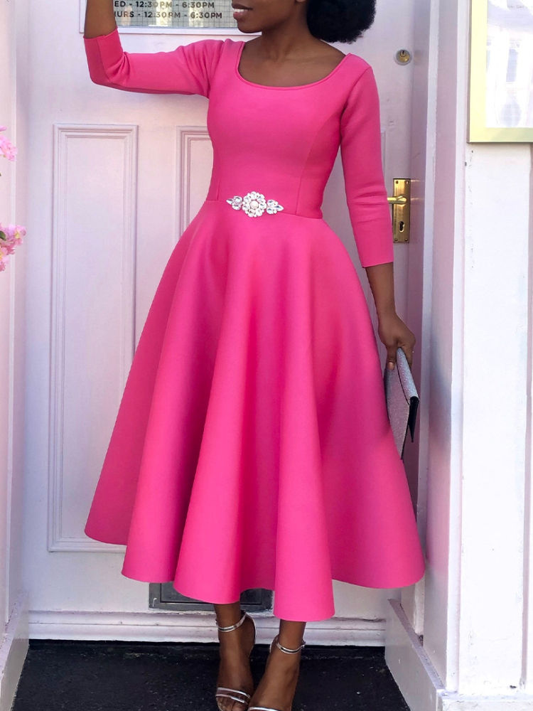 Miniaturebillede: Women White Dresses Party O Neck Three Quarter Sleeves High Waist A Line Pleate