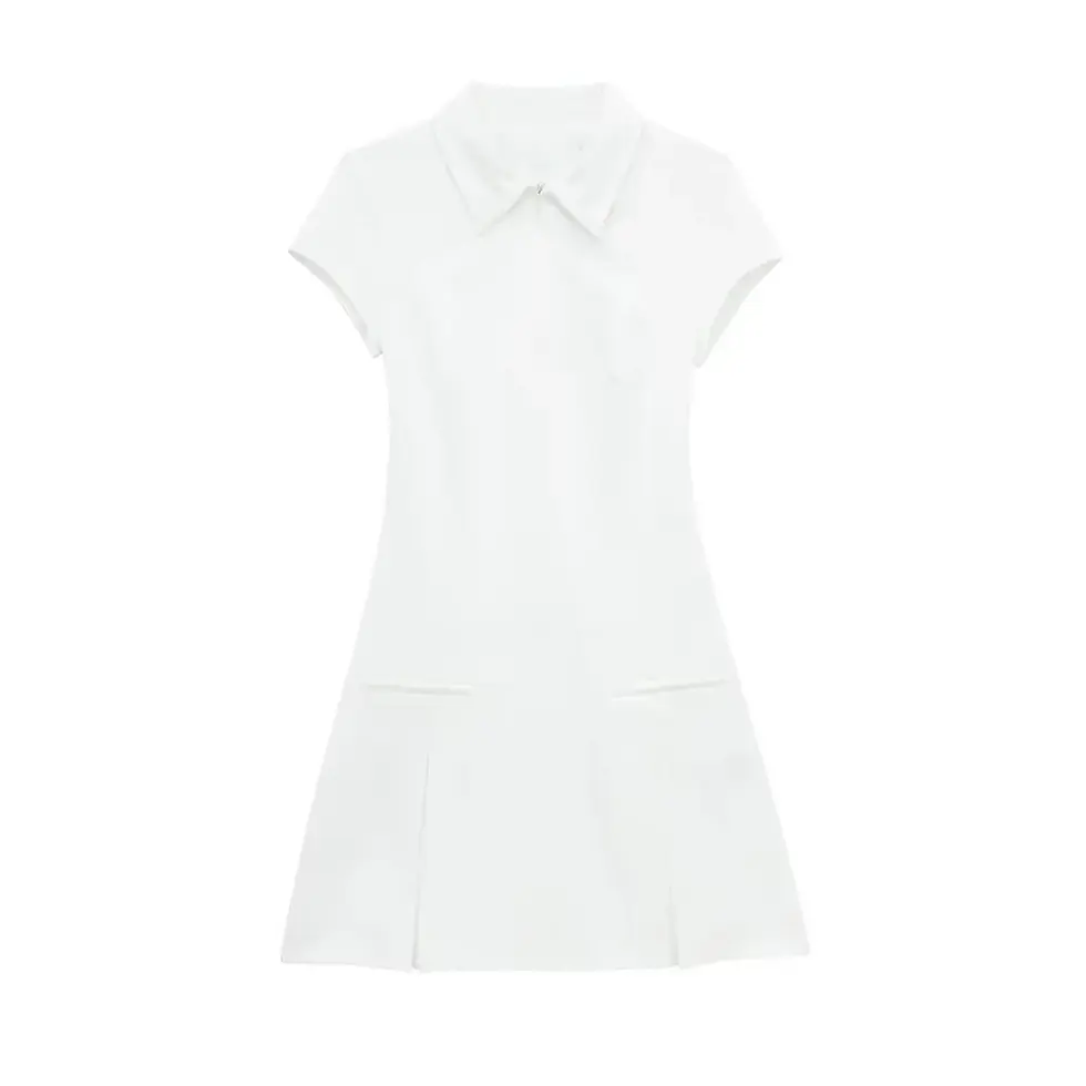 Miniatura: Aoaiiys Dresses for Women White Dress Front Zipper Pleated Mini Dress Short Sle