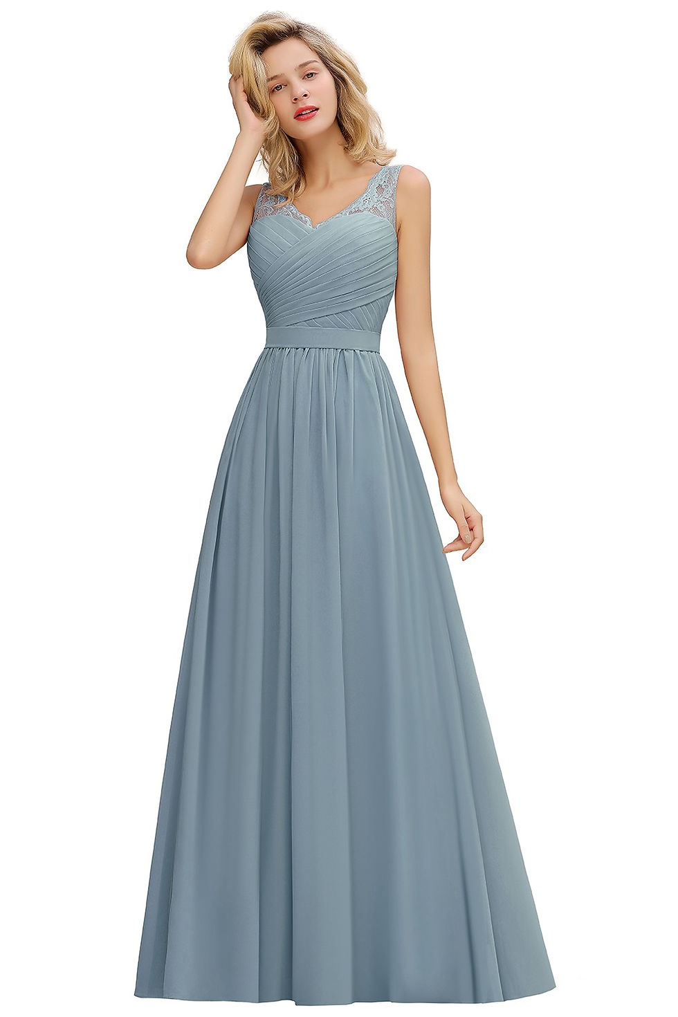 Miniatyrbilde: BABYONLINE Boho Wedding Dress V-neck Pleated Bodice See-through Lace Cap Sleeve