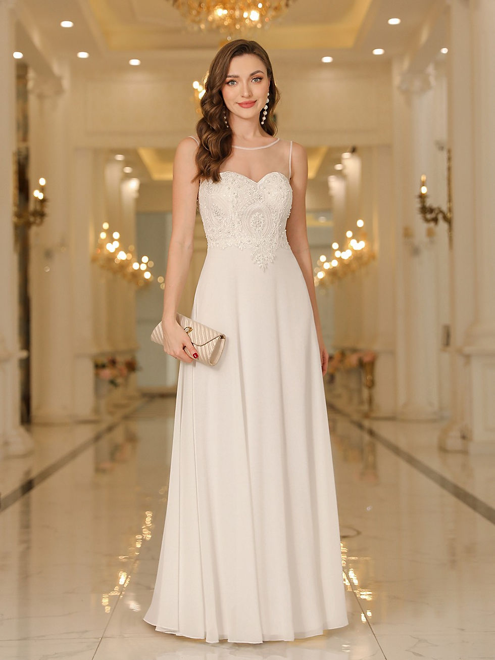 Thumbnail: BABYONLINE Boho Wedding Dress Metallic Lace Appliqué Pearl Stones Bodice Sweeth