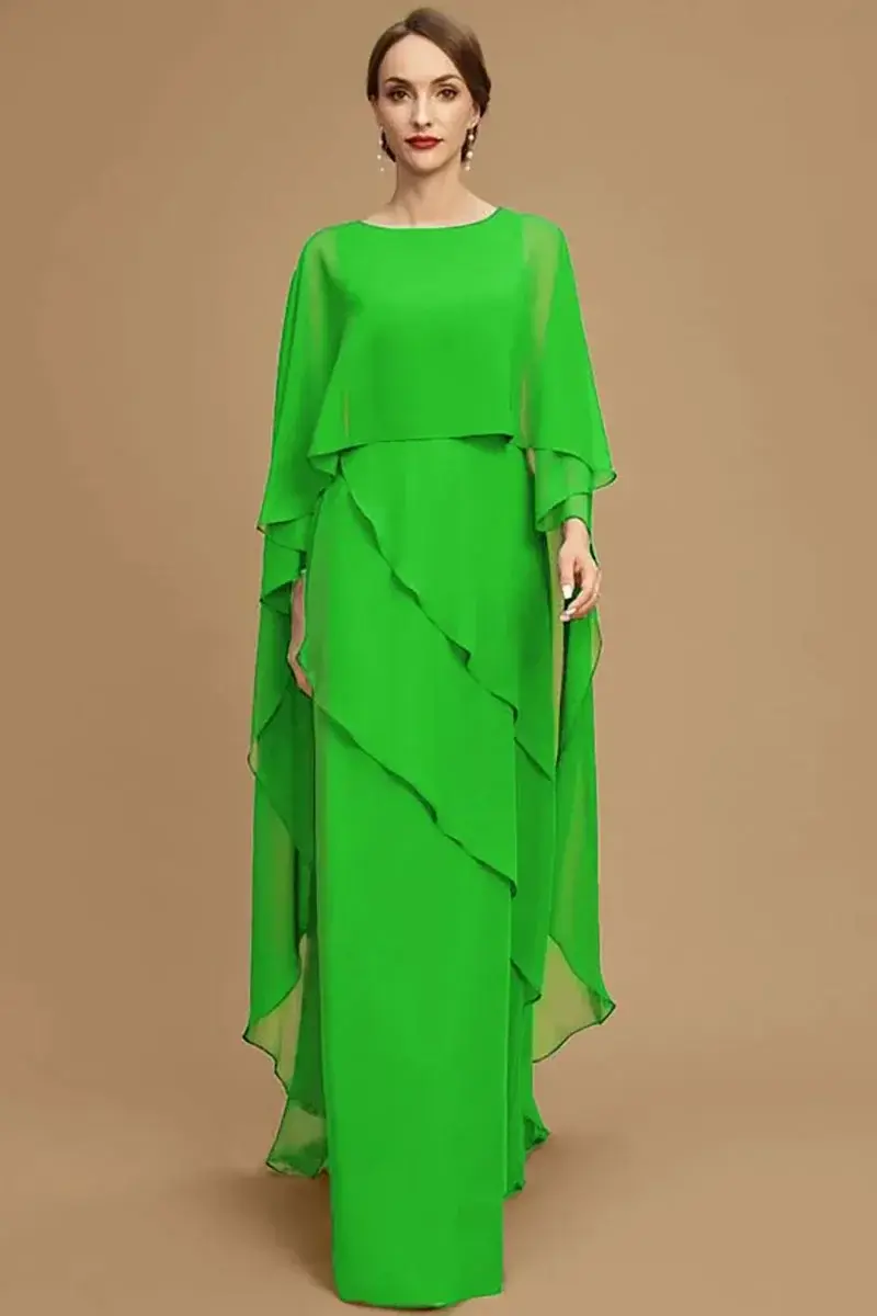 Thumbnail: Elegant Women Party Dress Chiffon Batwing Cape Sleeve Plus Size O-Neck Gowns Co