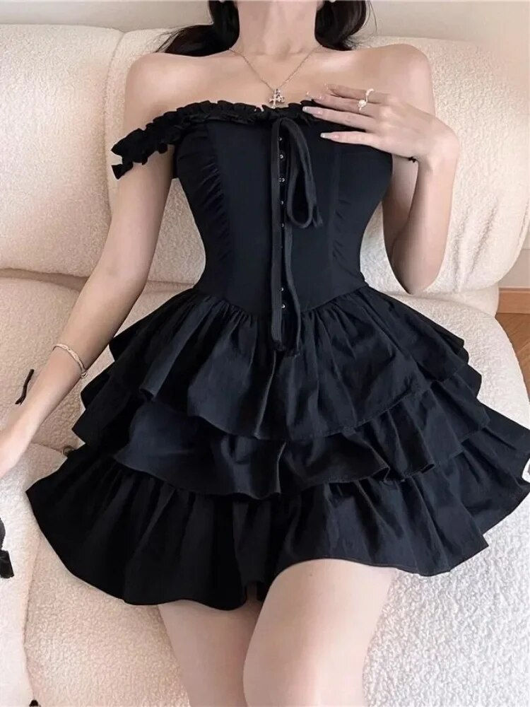 Thumbnail: QWEEK 2023 Gothic Lolita Kawaii Slip Dress Soft Girl Goth Harajuku Off Shoulder