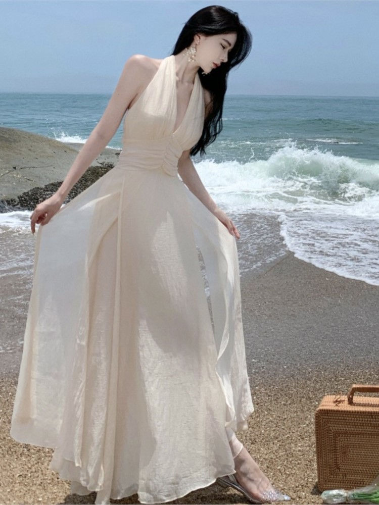 Miniatura: Summer Sleeveless Halter Long White Maxi Dress Elegant Tight Waist V-neck Beach