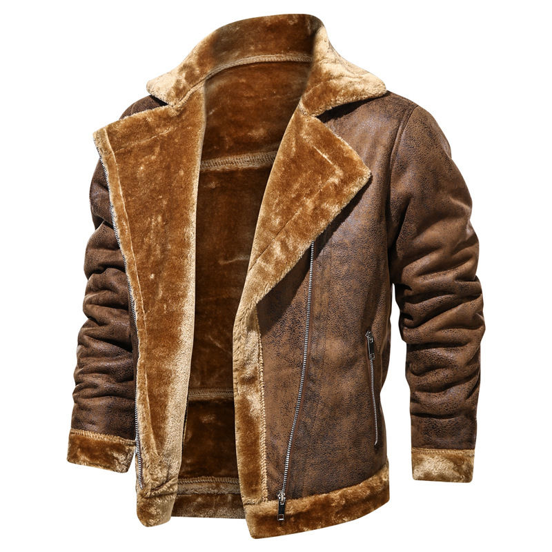 Thumbnail: Men Brand Biker Jacket New Winter Men's Fur Leather Jacket Coat Male Retro Sued