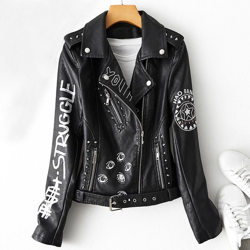 Fitaylor Autumn Winter Women Graffiti Print Faux Leather Jacket Lady Moto Bike