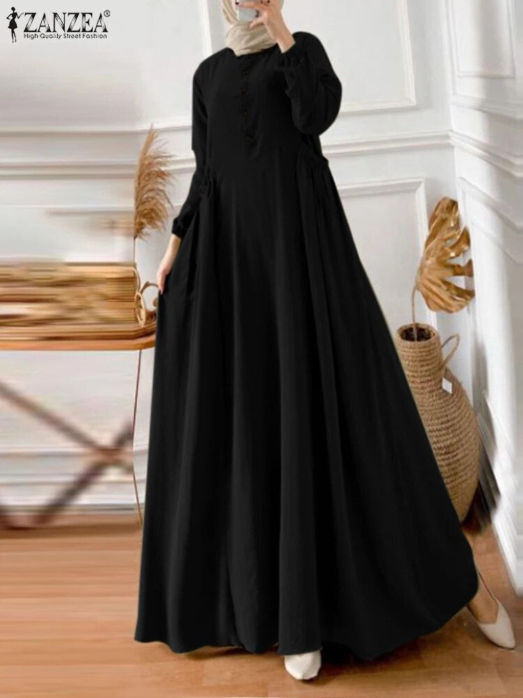 Miniature : ZANZEA Fashion Eid Mubarek Ramadan Turkey Dress Women Long Sleeve Solid Muslim