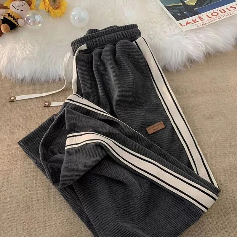 Thumbnail: Fall Striped Corduroy Sweatpants Women Winter Thick High Waist Drawstring Wide