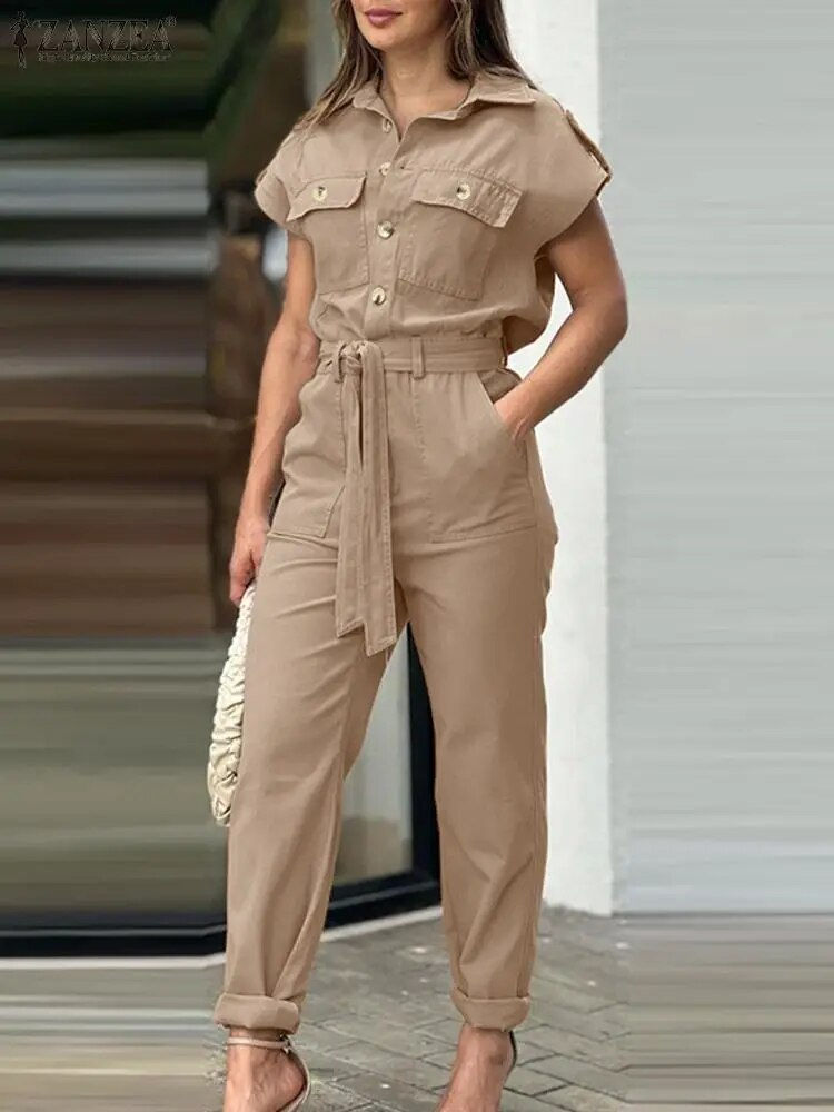 Imej kecil: ZANZEA Fashion Summer Jumpsuits Women Elegant Short Sleeve Cargo Overalls Vinta