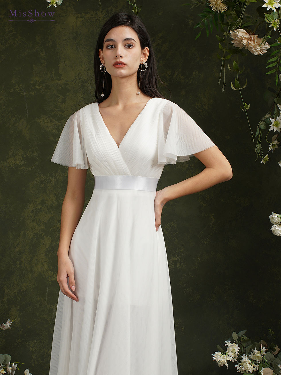 थंबनेल: Simple Beach Ivory Wedding Dresses For Women A-Line Puffer Short Sleeve V-Neck