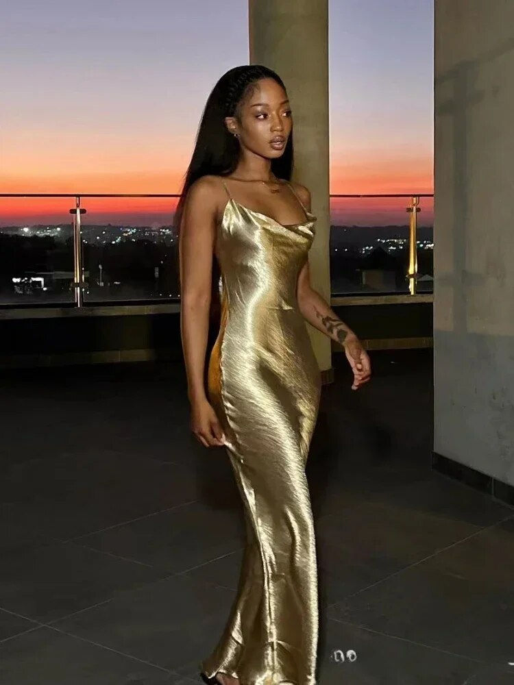 Thumbnail: Elegant Satin Backless Maxi Dress For Women Gown Summer Spaghetti Strap Sleevel