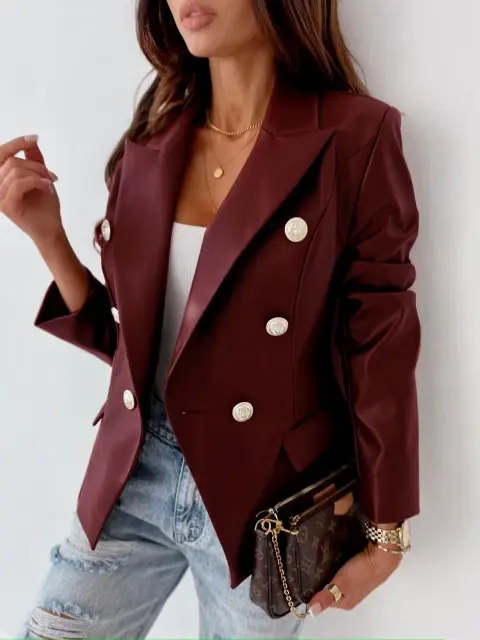 Thumbnail: New long sleeved double breasted fashionable PU leather jacket with a small sui