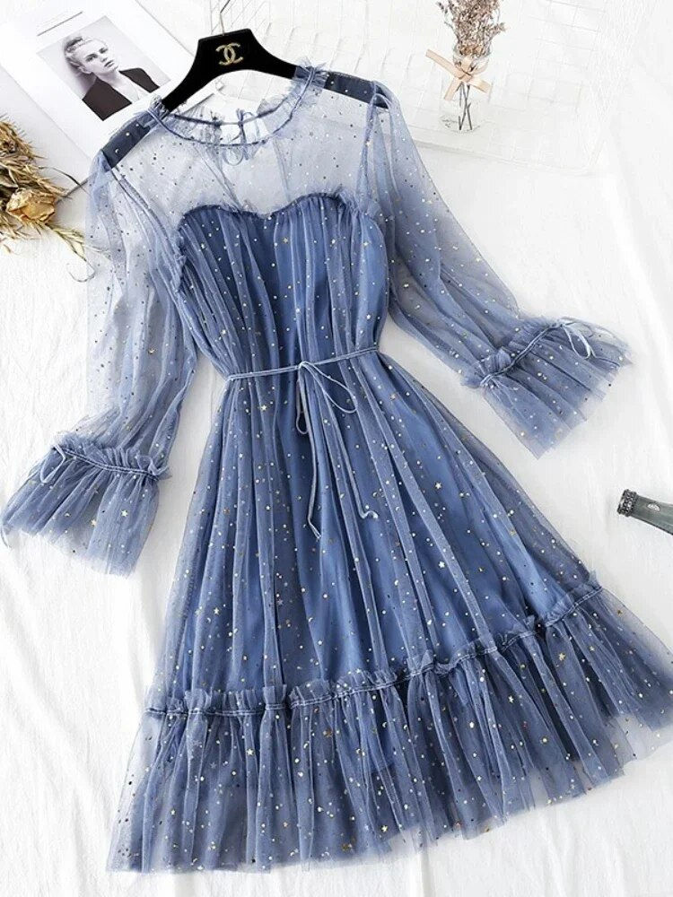 Thumbnail: 2023 New Female O-neck Stars Sequined Mesh Shiny Fairy Dress Women Elegant Blin