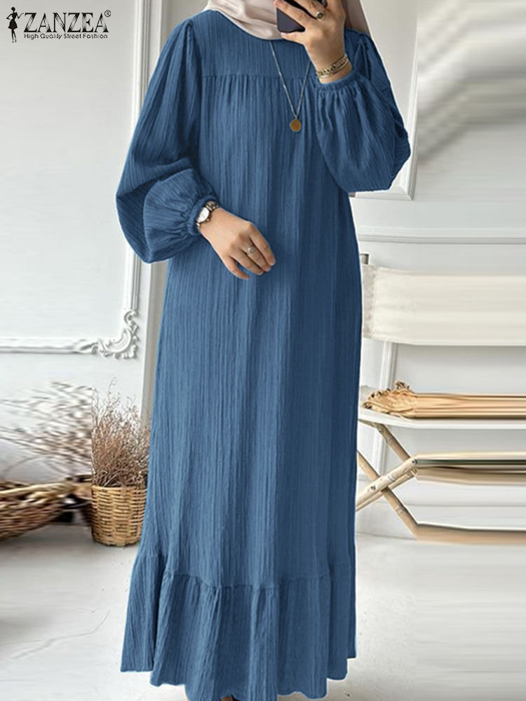 Miniatura: ZANZEA Women Fashion O Neck Long Sleeve Muslim Abaya Dress Vintage Solid Ruffle