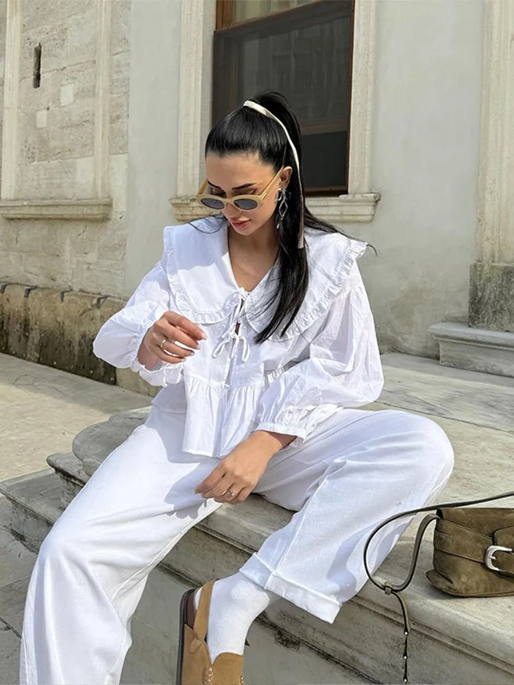 Thumbnail: Sweet Doll Collar Shirts Women Loose Lantern Sleeve Waveselvedge Lace Up Blouse