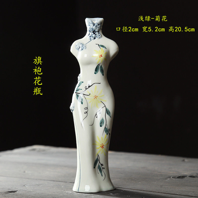 Thumbnail: Hand-Painted Chinese Curved Cheongsam Vase Ornament with Dried Flowers - Floral