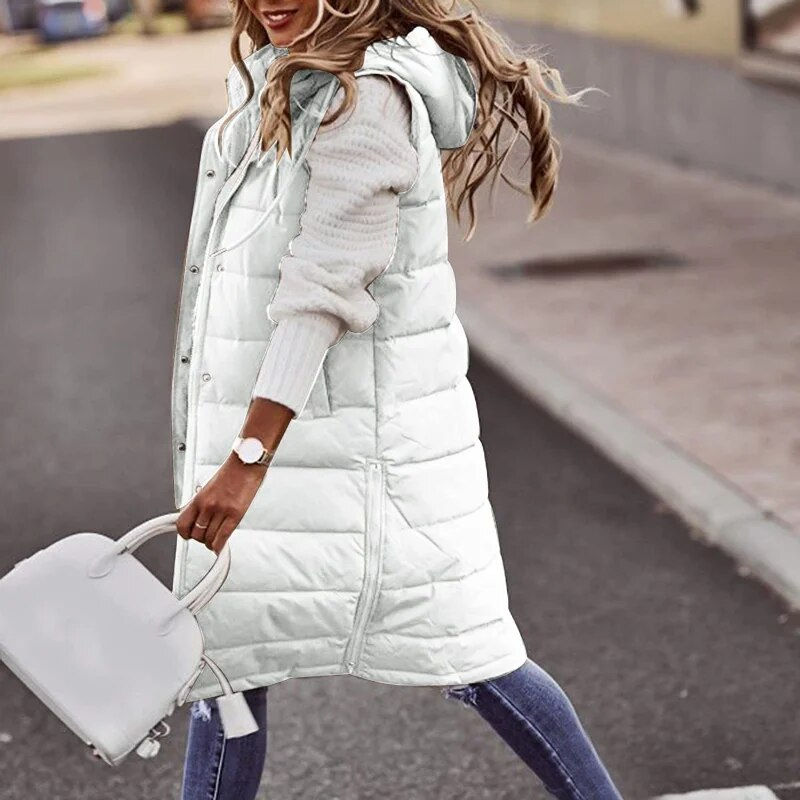 Imej kecil: Long with Hood Outdoor Vest Down Women's Jacket Quilted Coat Sleeveless Jacket 