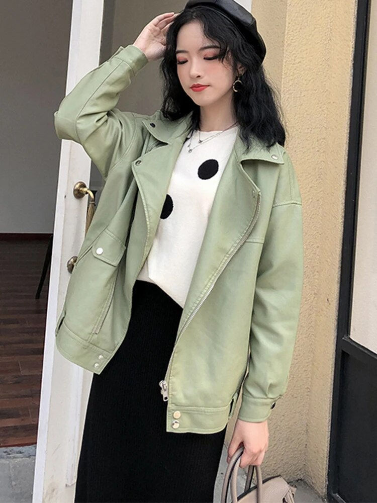 縮圖：FTLZZ New Autumn Women Faux Leather Jacket Motorcycle Biker Pu Leather Coat Bla
