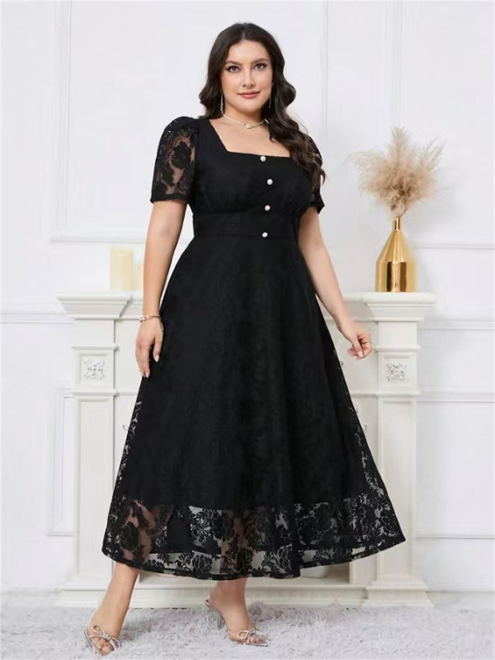 Sličica: Women Plus Size Lace Cocktail Dresses Summer Wrap o Neck Short Sleeve Flowy A L