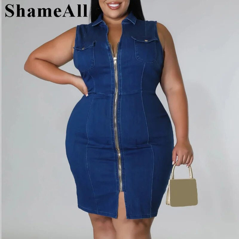 Thumbnail: Plus Size Turn Down Collar Super Stretchy Jean Bodycon Dress 4xl Summer Front Z