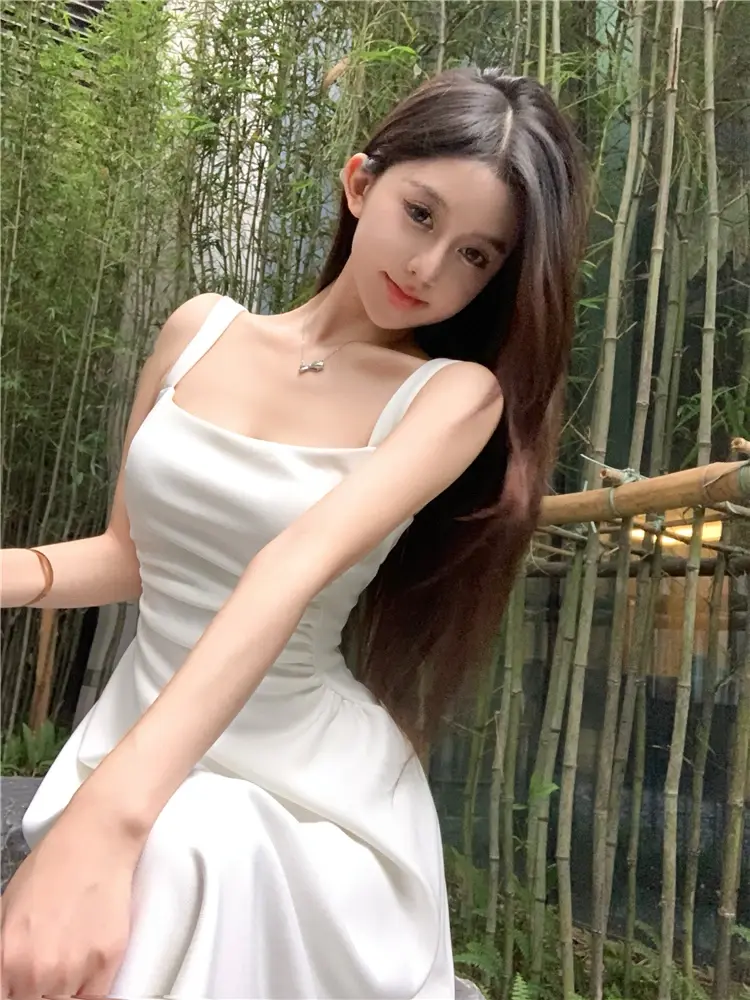 Miniatura: Summer Selected Black and White Strap Dress Slim Fit Waist-Tied Long Dress Show
