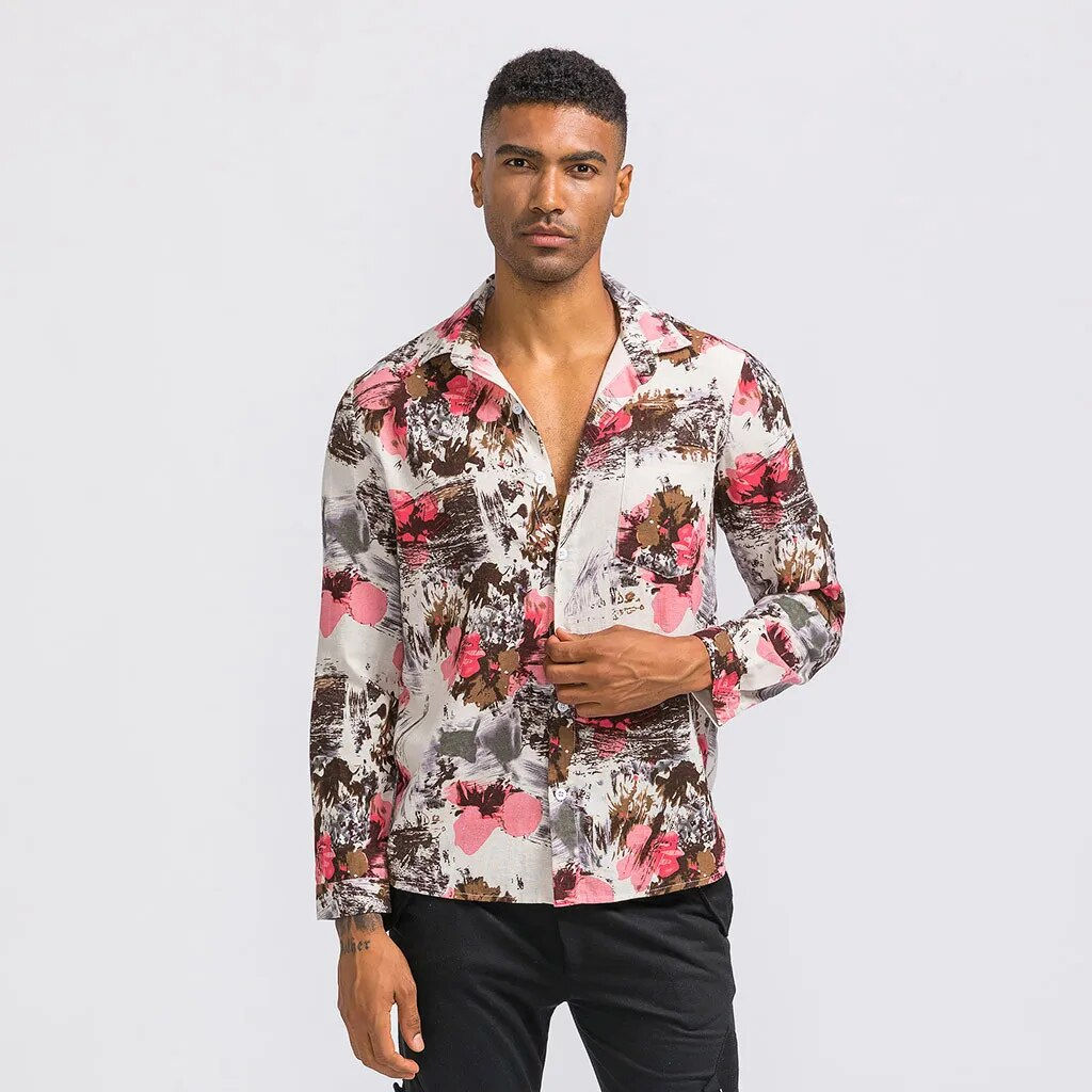 Men'S Shirts Boho Vintage Floral Print Long Sleeve Shirts Spring Summer Lapel N