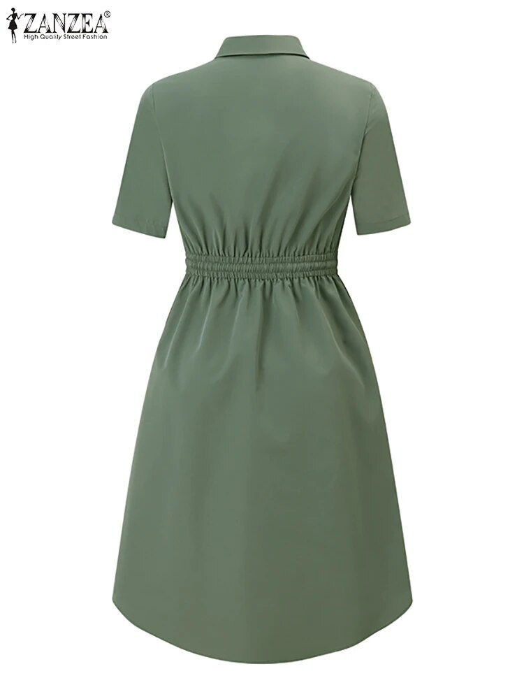 Thumbnail: ZANZEA Elegant Lapel Neck Short Sleeve Midi Dress Women Summer Sundress Fashion