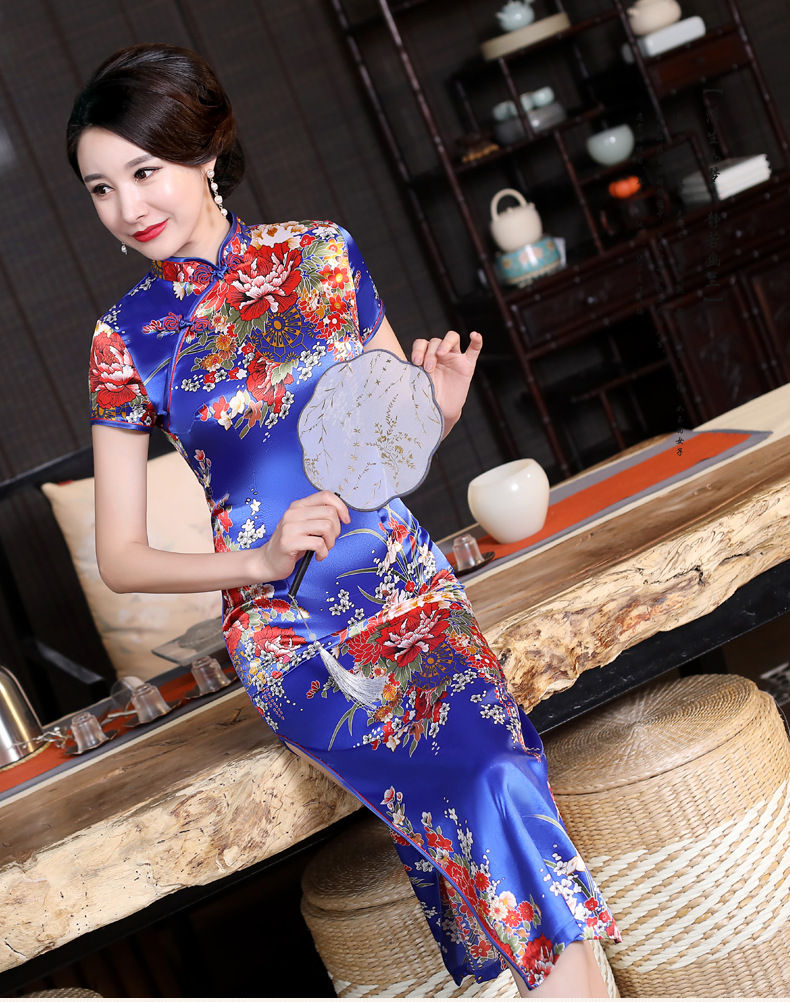 Thumbnail: Sexy Red Flower Print Cheongsams Long Qipao Lady Elegant Vestidos Improved New 