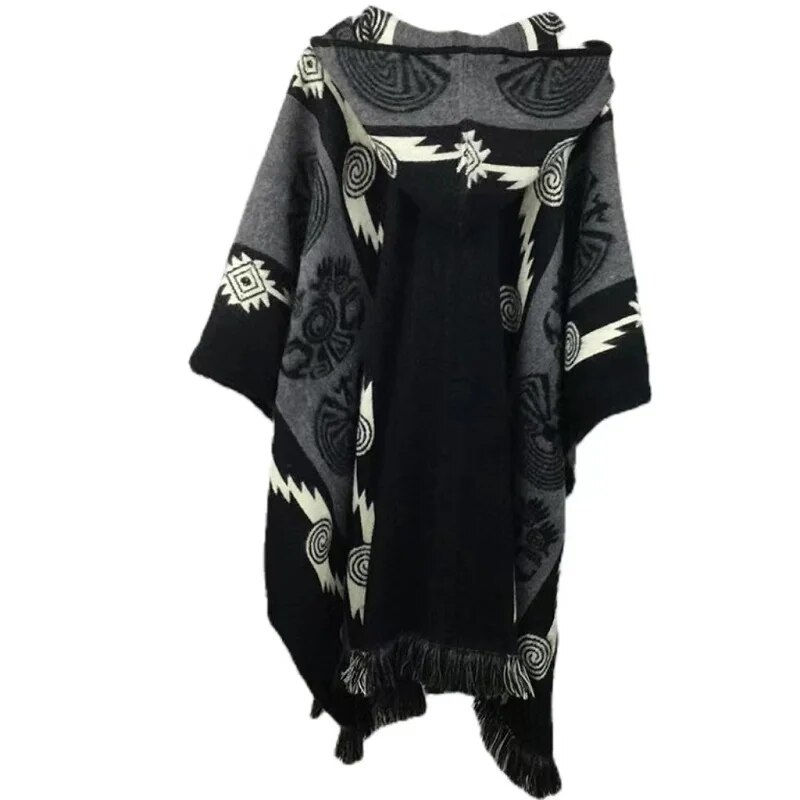 ภาพขนาดย่อ: Men's Retro Casual Loose Hooded Knitted Shawl Ethnic Totem Long Wind Shoulder C