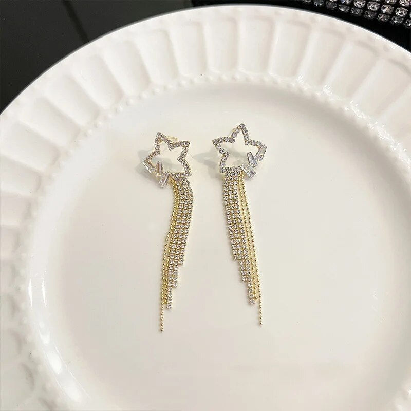 Temperament Crystal Star Tassel Drop Earrings For Women New Long Ear Line Bowkn