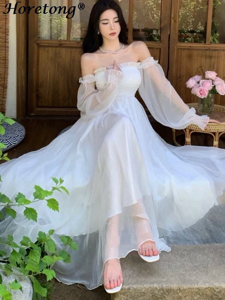 ภาพขนาดย่อ: Horetong Elegant Maxi Dresses For Women White Off Shoulder Puff Long Sleeve Ela